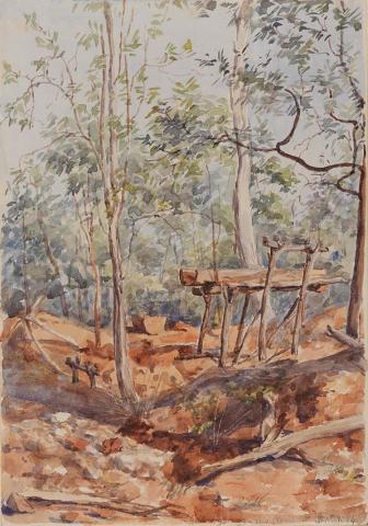 Artwork Gold diggings near Clermont this artwork made of Watercolour over pencil on wove paper, created in 1884-01-01