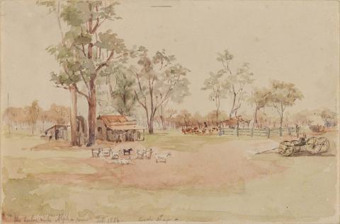 Artwork The twelve mile coach stage, Alpha run this artwork made of Watercolour over pencil on wove paper, created in 1884-01-01