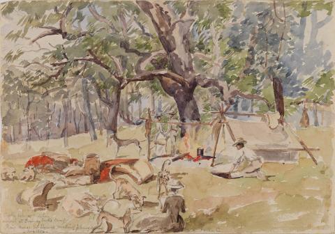 Artwork Brumby Jack's camp, Rainmore this artwork made of Watercolour over pencil on wove paper, created in 1884-01-01