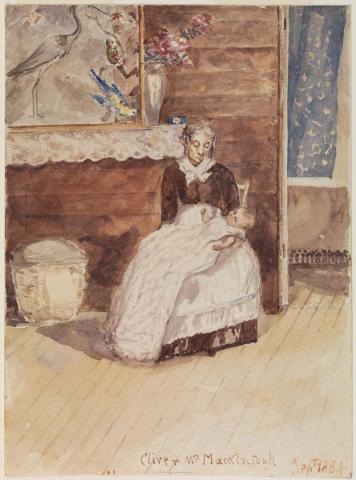 Artwork Clive and Mrs Mackintosh this artwork made of Watercolour over pencil on wove paper, created in 1884-01-01
