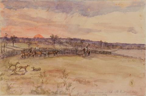 Artwork Young colts let loose, some hobbled, after their first day's training this artwork made of Watercolour over pencil on wove paper, created in 1884-01-01