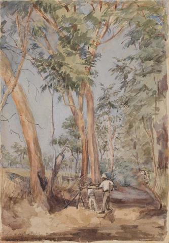 Artwork Sinking a well at Alpha in the dried up creek this artwork made of Watercolour over pencil on wove paper, created in 1884-01-01