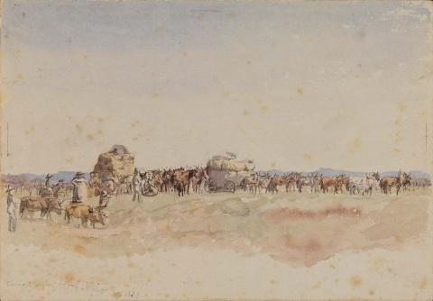 Artwork Carriers waiting for beef this artwork made of Watercolour over pencil on wove paper, created in 1883-01-01