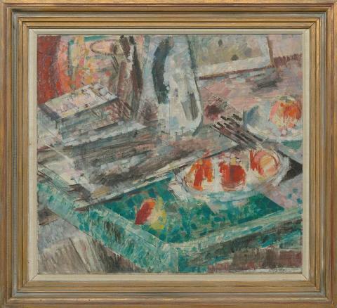 Artwork Still life this artwork made of Oil and ink on canvas, created in 1942-01-01