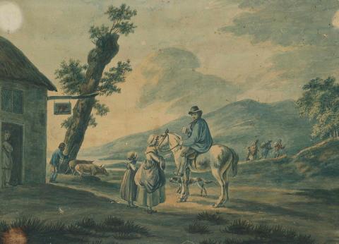 Artwork The Wayside Inn this artwork made of Watercolour and gouache over pencil on wove paper, created in 1795-01-01