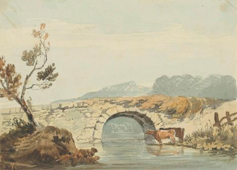 Artwork (River scene with bridge and cows) this artwork made of Watercolour over pencil on wove paper, created in 1800-01-01