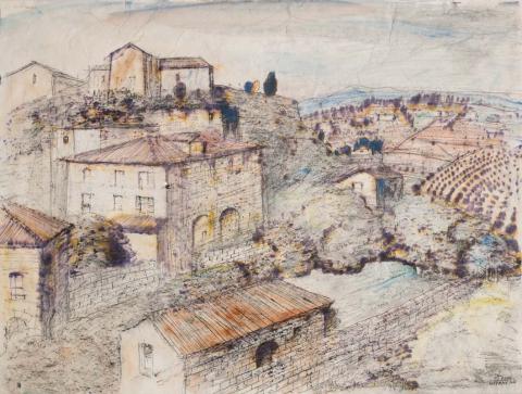 Artwork San Gimignano (No 2) this artwork made of Watercolour, pen, charcoal, crayon