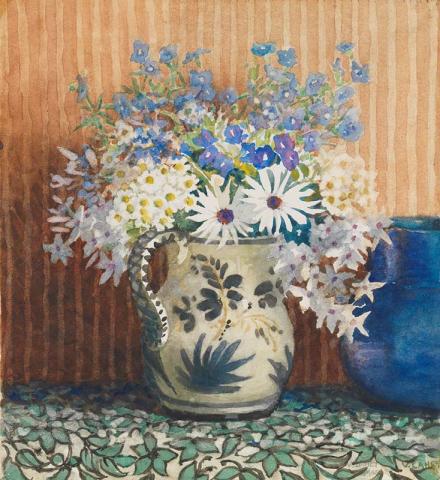 Artwork Flower study (White daisies, phlox and petrea) this artwork made of Watercolour over pencil on wove paper, created in 1965-01-01