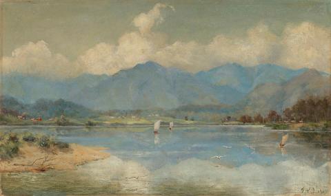 Artwork (South Island landscape, New Zealand) this artwork made of Oil on canvas on composition board, created in 1902-01-01