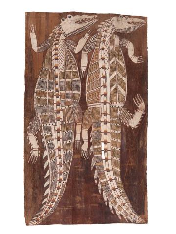 Artwork Two crocodiles this artwork made of Natural pigments on bark, created in 1958-01-01