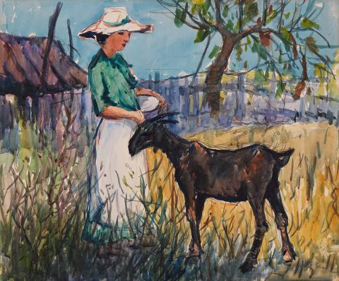 Artwork Girl with goat this artwork made of Watercolour and gouache and pencil