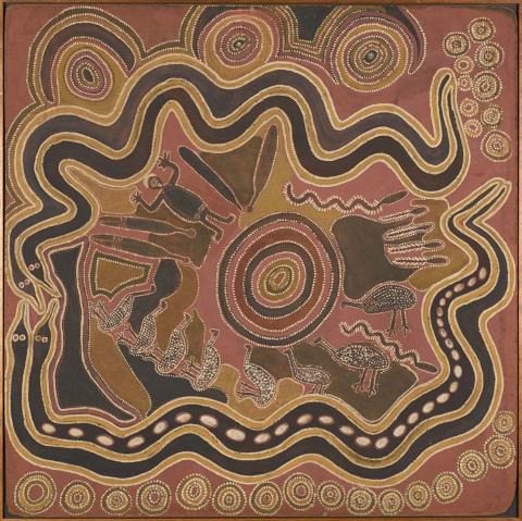 Artwork Ngakumarl painting (Murrinhpatha totemic landscape) this artwork made of Natural pigments on composition board, created in 1959-01-01