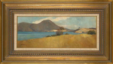 Artwork Tasmanian landscape this artwork made of Oil on wood, created in 1892-01-01