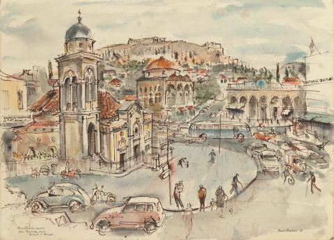 Artwork Monastriaki Square from Pauronon Street, Acropolis in the background this artwork made of Watercolour with pen, brush and ink over pencil on wove paper on composition board, created in 1968-01-01