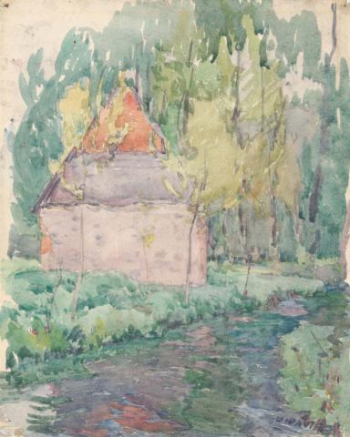 Artwork (Farm building beside a stream) this artwork made of Watercolour over pencil on thick wove paper, created in 1920-01-01