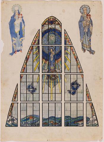 Artwork Design for Star of the Sea window, Darwin War Memorial Church (St Mary) this artwork made of Watercolour and gouache over pencil with pencil grid