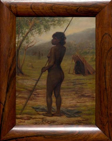 Artwork Native woman with spear this artwork made of Oil on board, created in 1893-01-01