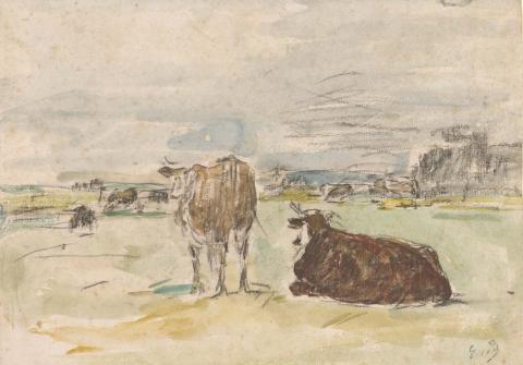 Artwork Vaches dans le pré (Cows in the field) this artwork made of Watercolour over charcoal on laid paper, created in 1847-01-01