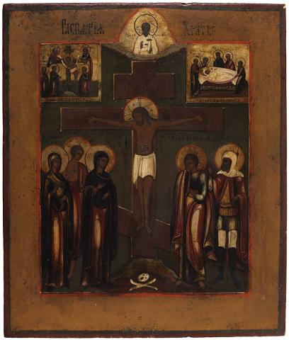 Artwork Crucifixion with selected saints this artwork made of Tempera on gesso, silver leaf with varnish, and liquid gold