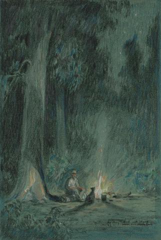 Artwork A man and dog by a campfire this artwork made of Pastel on green wove paper, created in 1926-01-01
