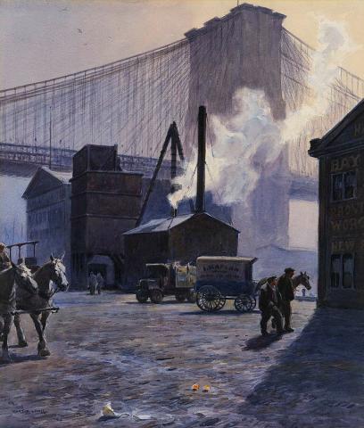 Artwork Brooklyn warehouses under the Bridge this artwork made of Watercolour and gouache over pencil on wove paper, created in 1900-01-01