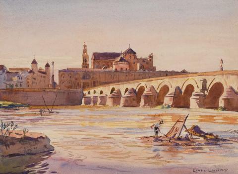 Artwork Mosque and bridge, Cordoba this artwork made of Watercolour over pencil on thick wove paper, created in 1922-01-01
