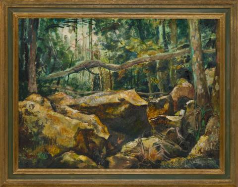 Artwork Moss and rocks, Tamborine (Q) this artwork made of Oil on composition board, created in 1958-01-01