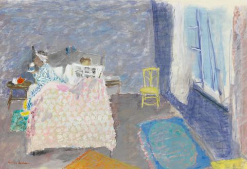 Artwork Interior with a double bed this artwork made of Pastel and gouache on cardboard, created in 1974-01-01
