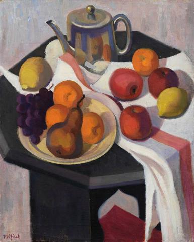 Artwork Still life with teapot and fruit this artwork made of Oil on canvas, created in 1930-01-01