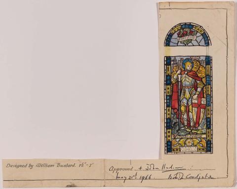 Artwork Sketch of Saint George for memorial window, Holy Trinity Church, Woolloongabba this artwork made of Watercolour, pen and ink over pencil on wove paper, created in 1966-01-01