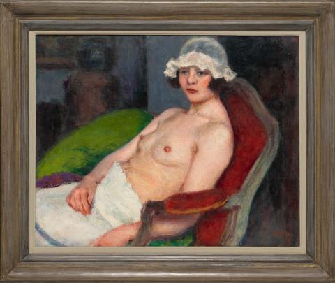 Artwork Demi-nu au bonnet (Half-nude woman with bonnet) this artwork made of Oil on canvas, created in 1923-01-01