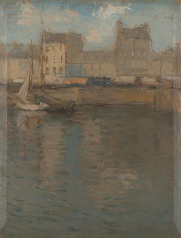 Artwork (Harbour scene in France) this artwork made of Oil on wood, created in 1930-01-01