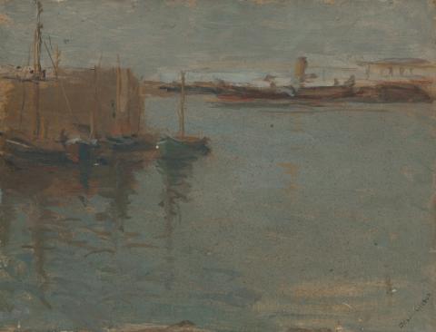 Artwork (Harbour scene with steamboat) this artwork made of Oil on wood, created in 1930-01-01