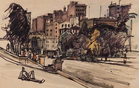 Artwork (Street scene) this artwork made of Fibre-tipped pen, pen and ink and coloured wash on wove paper, created in 1945-01-01