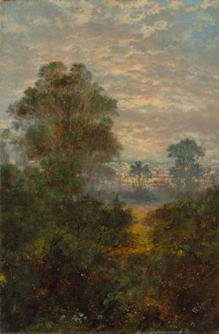 Artwork Landscape, sunrise this artwork made of Oil on composition board, created in 1893-01-01