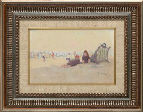 Artwork Beach scene, Bondi this artwork made of Oil on composition board, created in 1925-01-01