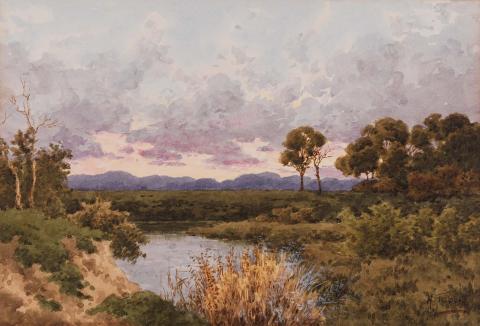 Artwork (Landscape with lake, Qld) this artwork made of Watercolour over pencil, heightened with opaque white on wove paper, created in 1922-01-01