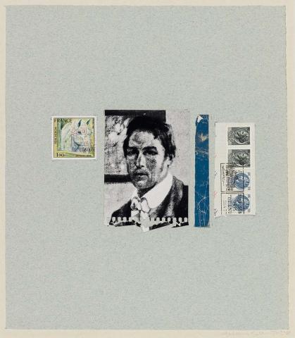 Artwork Franz Marc this artwork made of Collage of photograph and postage stamps on blue wove paper mounted on cardboard, created in 1978-01-01