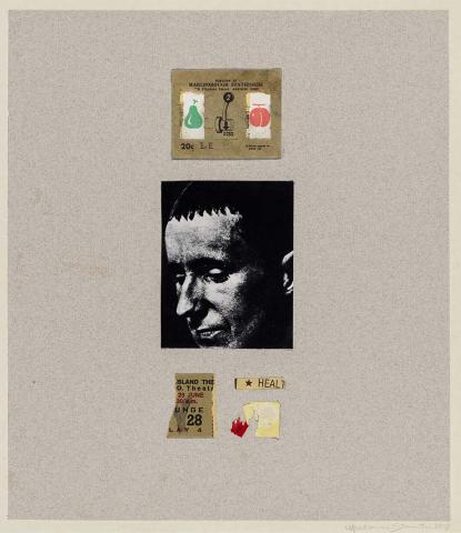 Artwork Bertold Brecht this artwork made of Collage of photograph and tickets on grey wove paper mounted on cardboard, created in 1978-01-01