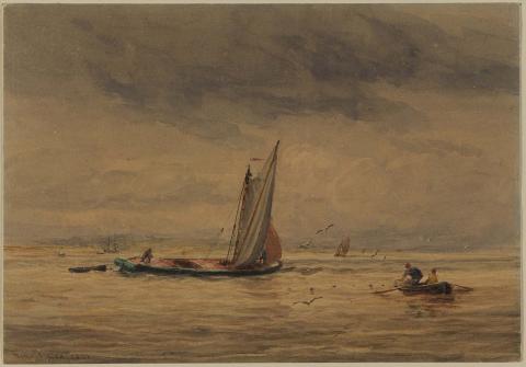 Artwork Sailing barge on the Thames this artwork made of Watercolour over pencil on cream wove paper, created in 1832-01-01