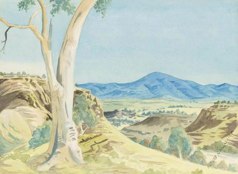Artwork (Ghost gums and mountain range I) this artwork made of Watercolour over pencil on smooth wove paper on cardboard, created in 1945-01-01