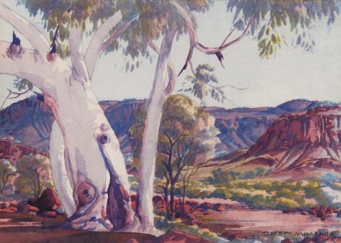 Artwork (Ghost gums and mountains) this artwork made of Watercolour over pencil on smooth cream wove paper, created in 1940-01-01