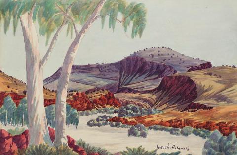Artwork (Mount Hermannsburg) this artwork made of Watercolour over pencil on smooth cream paper on cardboard, created in 1950-01-01