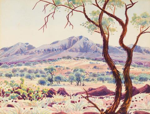 Subdued yet vibrant pastel toned watercolour of the Australian outback