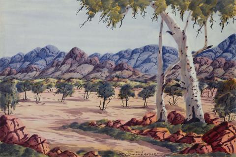 Artwork Western MacDonnell Ranges, near Ormiston Gorge this artwork made of Watercolour over pencil on smooth cream wove paper on paperboard, created in 1955-01-01