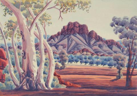 Artwork (Ghost gums) this artwork made of Watercolour on smooth cream wove paper on paperboard, created in 1955-01-01