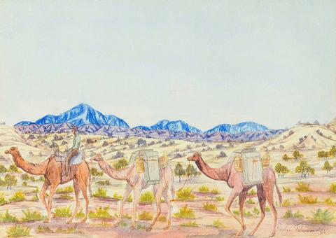 Artwork Camel patrol, Central Australia this artwork made of Watercolour over pencil on smooth cream wove paper, created in 1950-01-01