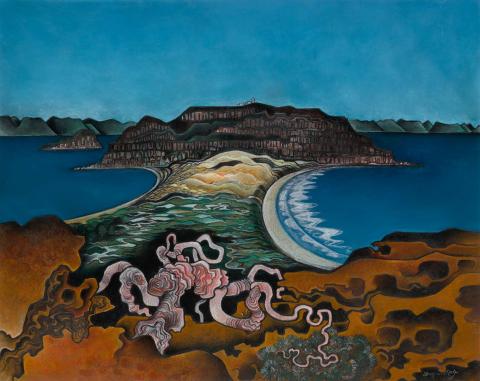 Artwork Earth and sea with Barrenjoey this artwork made of Pastel, synthetic polymer paint