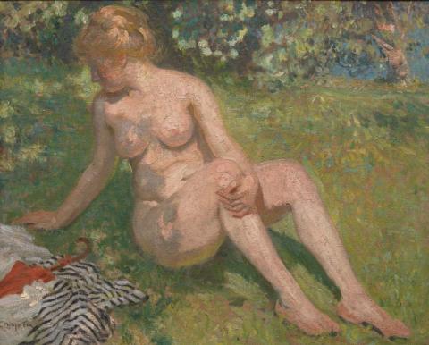 Artwork Nude with umbrella this artwork made of Oil on canvas, created in 1907-01-01