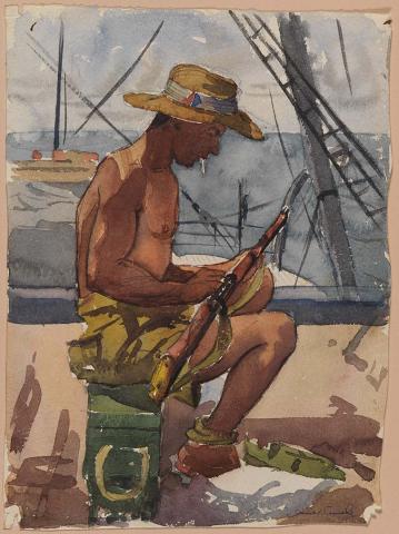 Artwork Rifle cleaning on board ship this artwork made of Watercolour over pencil on wove, handmade paper, created in 1944-01-01